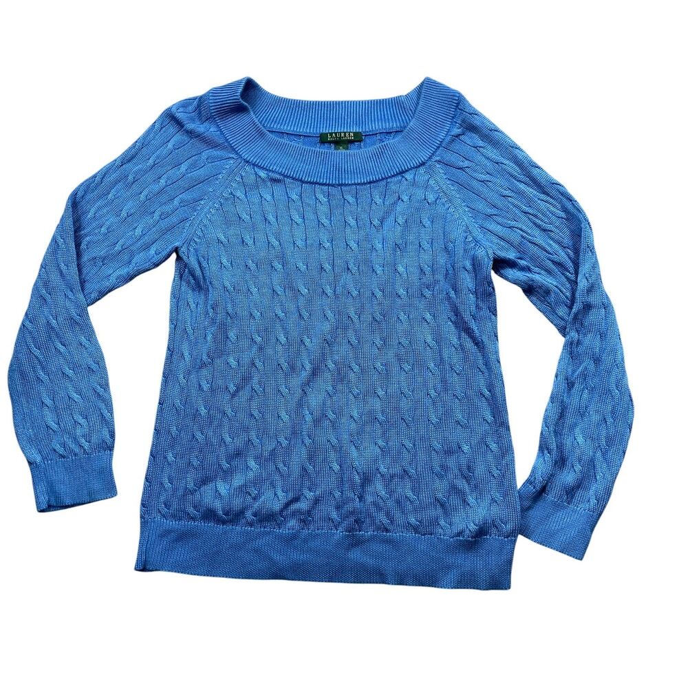 Lauren Ralph Lauren XL Blue Cable Knit Long Sleeve Cotton Blend Sweater
